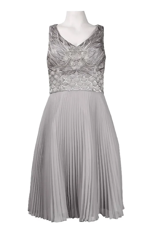 Ladies sleeveless dress cocktail -Sleeveless Embellished Accordion Dress In Platinum