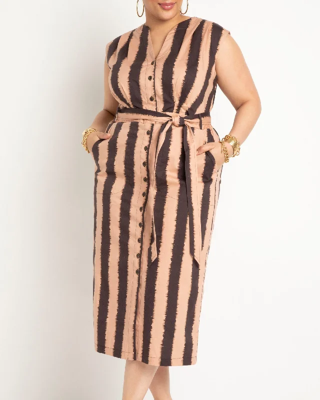 Ladies midi dress lightweight -Belted Midi Dress | Desert Ink Stripe