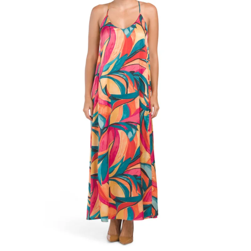 Women's maxi dress bishop sleeve -Nicole Miller Abstract Floral Print Slip on Satin Maxi Dress