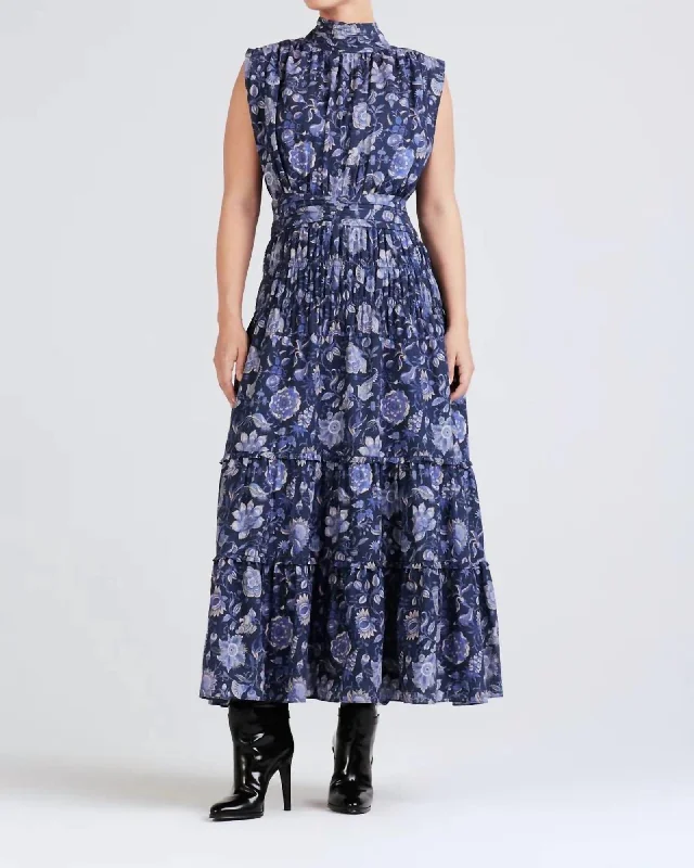 Ladies midi dress puffed sleeve -Junia Rouched Sleeveless Midi Dress In Navy Multi | Navy Multi