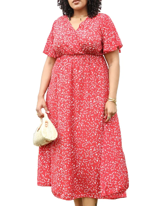 Women's maxi dress cap sleeve -V-Neck White Floral Print Wrap Maxi Dress | Red