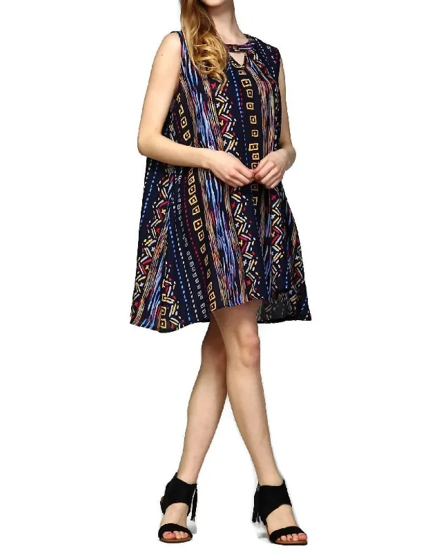 Ladies sleeveless dress empire waist -Tribal Sleeveless Keyhole Dress In Blue