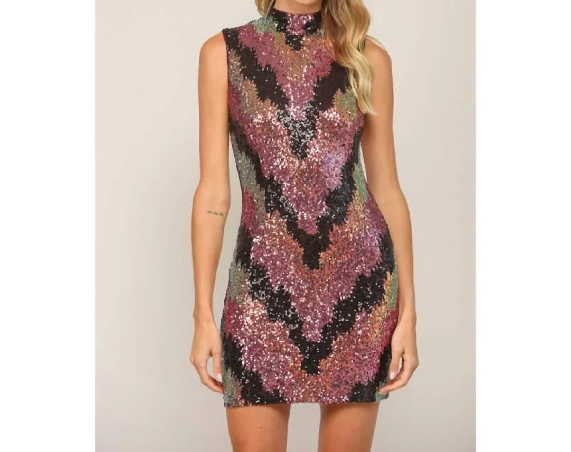 Ladies sleeveless dress fresh -Mock Neck Sleeveless Sequin Dress In Multi Color