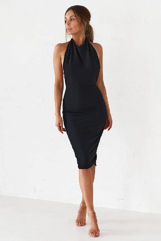 Ladies midi dress brunch -Backless Midi Dress - Black