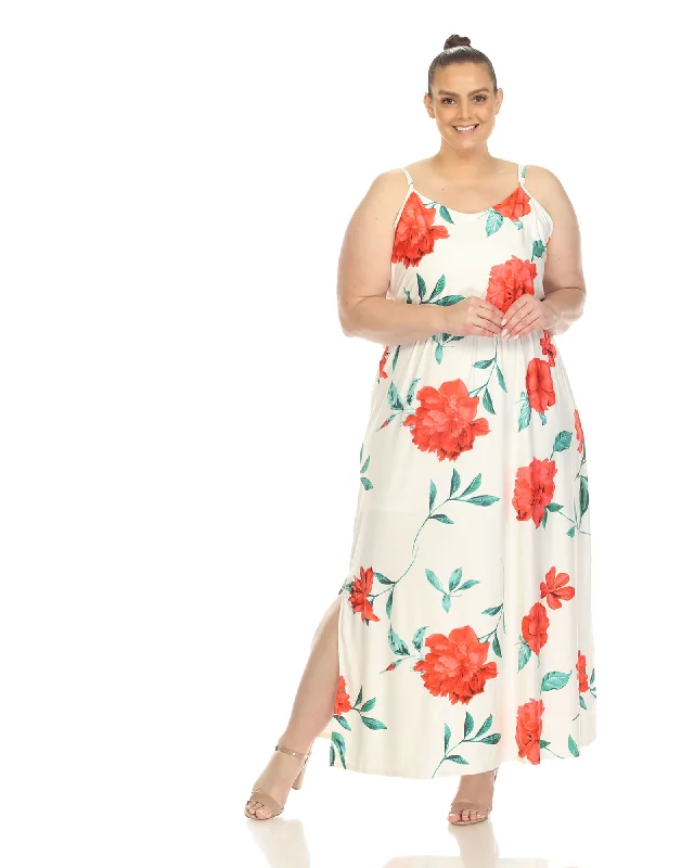 Women's maxi dress abstract -Floral Strap Maxi Dress | White Red