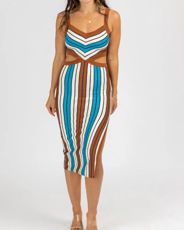 Ladies midi dress sightseeing -Multistripe Cutout Knit Midi Dress In Brown | Brown