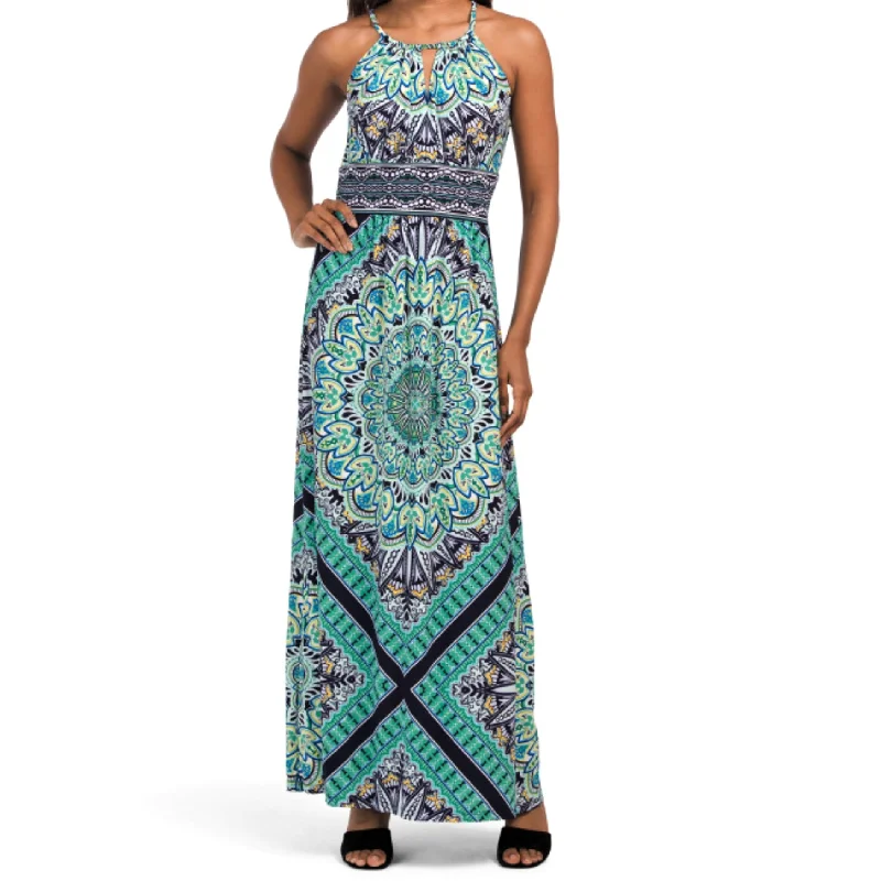 Women's maxi dress rock -London Times Starburst Medallion Print Keyhole Halter Morris Maxi Dress