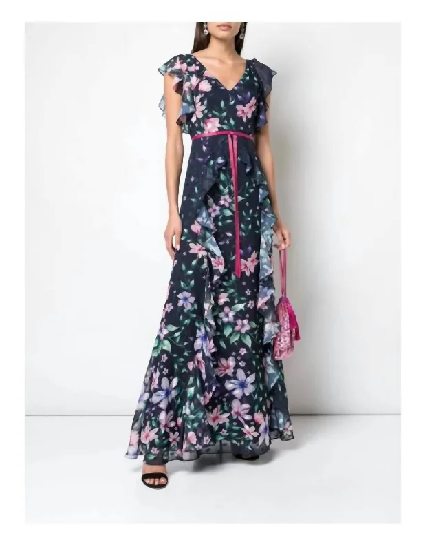 Ladies sleeveless dress outdoor -Marchesa Notte Navy Floral Sleeveless Printed Chiffon Gown In Blue