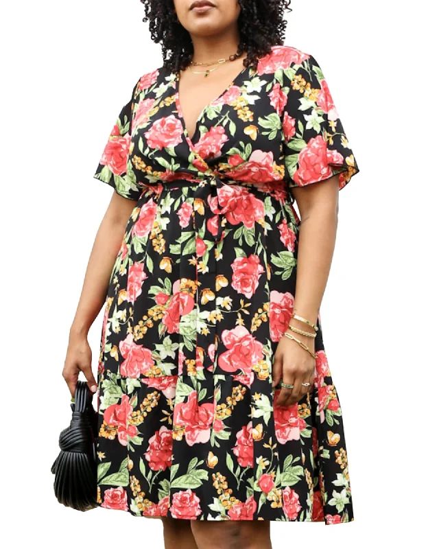 Ladies midi dress trendy 2025 -Tropical Floral Print Midi Dress with Tied Belt Waist | Black