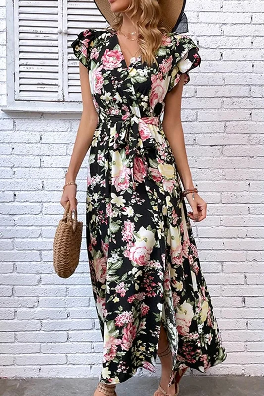 Women's maxi dress scalloped -FLORAL RUFFLED SLEEVES CROSS OVER TIED MAXI DRESS