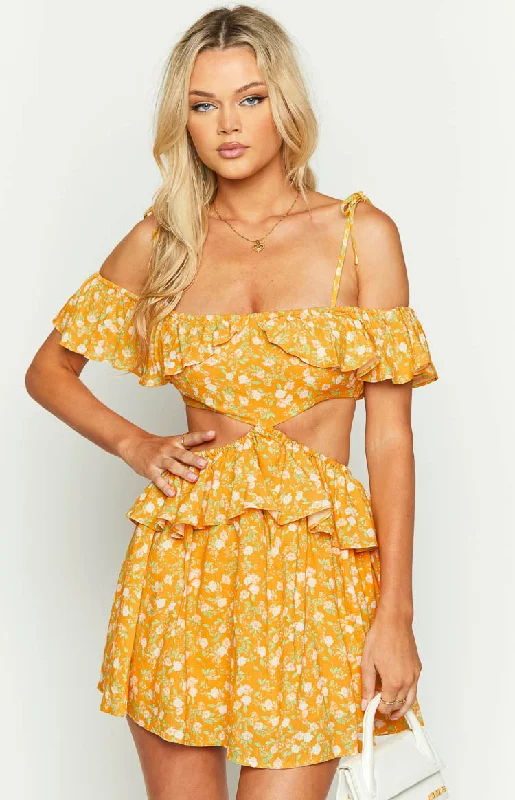 Women's mini dress printed -Alyssa Orange Floral Ruffle Mini Dress