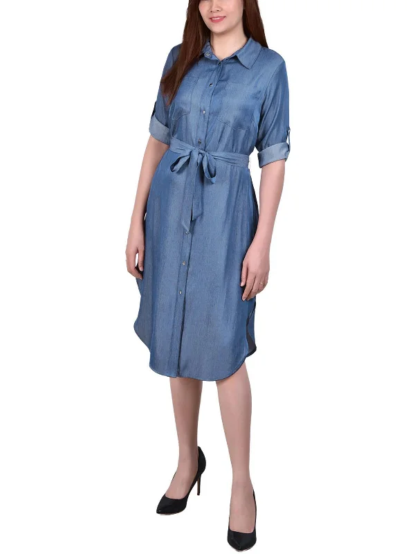 Women's shirt dress mandarin collar -Petites Womens Denim Roll Sleeves Shirtdress