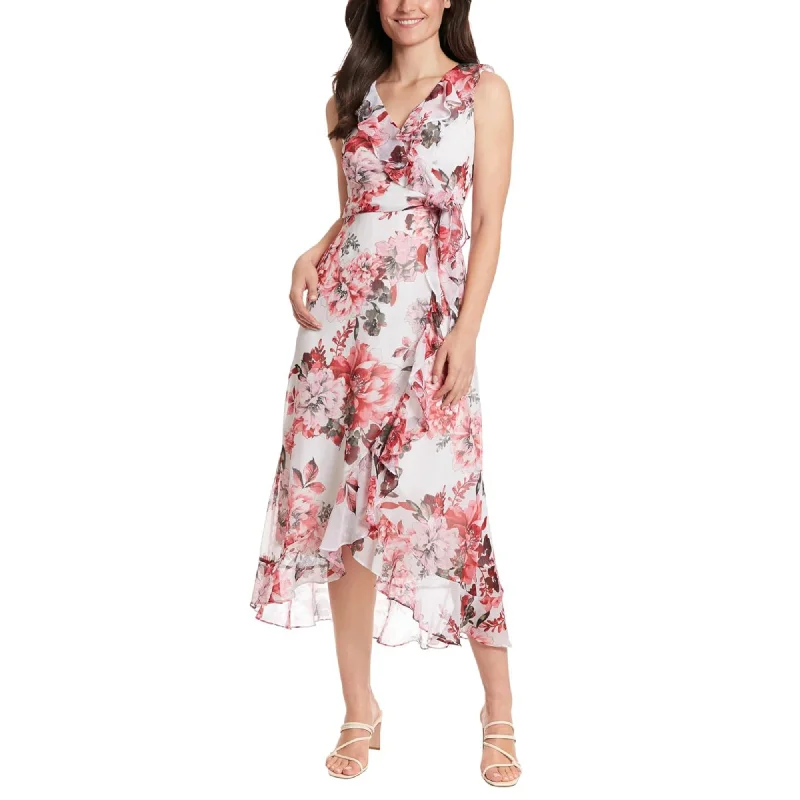 Women's maxi dress cold shoulder -London Times Women's Floral Pint Side Tie Ruffle Wrap Maxi Dress