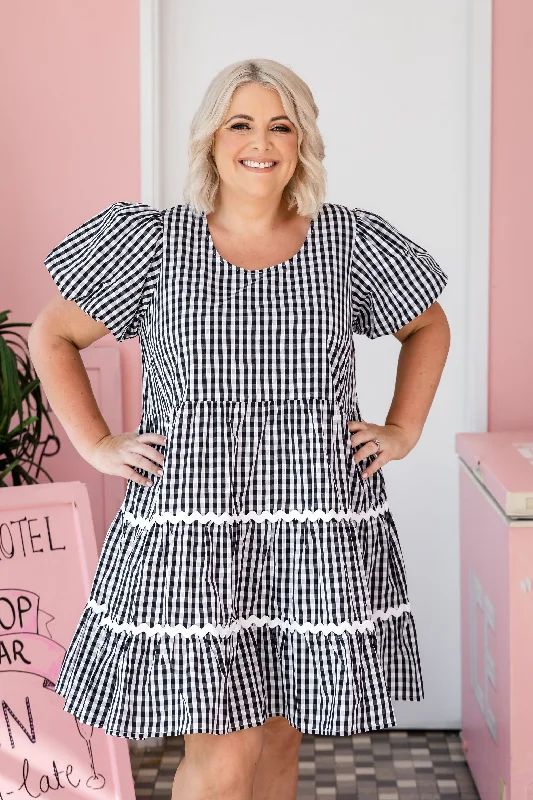 Ladies party dress after party -Greta Party Dress in Gingham Black