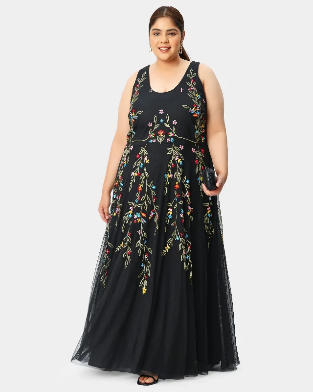 Women's maxi dress muted -Floral embroidery tulle maxi dress | Black