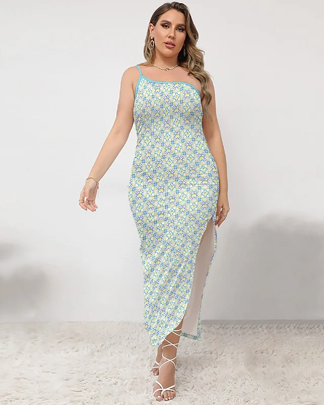 Women's maxi dress flared -La Dolce Lemon Tile One-Shoulder Maxi Dress | White