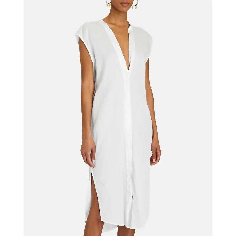 Ladies sleeveless dress midi -Sleeveless V-Neck Dress In White