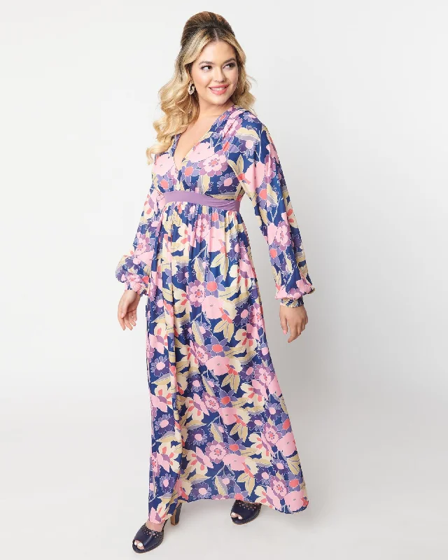 Women's maxi dress cashmere -Unique Vintage Navy & Purple Floral Print Buttercup Maxi Dress | Floral, Blue, Purple