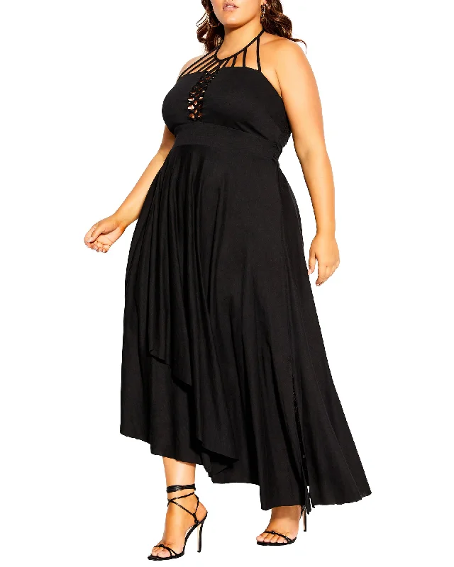 Women's maxi dress structured -Larissa Strappy Halter Maxi Dress | Black