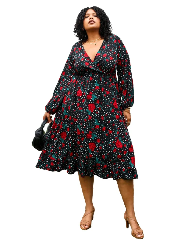 Women's maxi dress bishop sleeve -Bell Sleeves Rose Floral Print Wrap Maxi Dress | Black