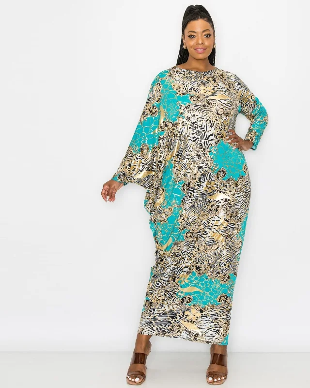 Women's maxi dress peplum -Avena Asymmetrical Maxi Dress | Teal Gold