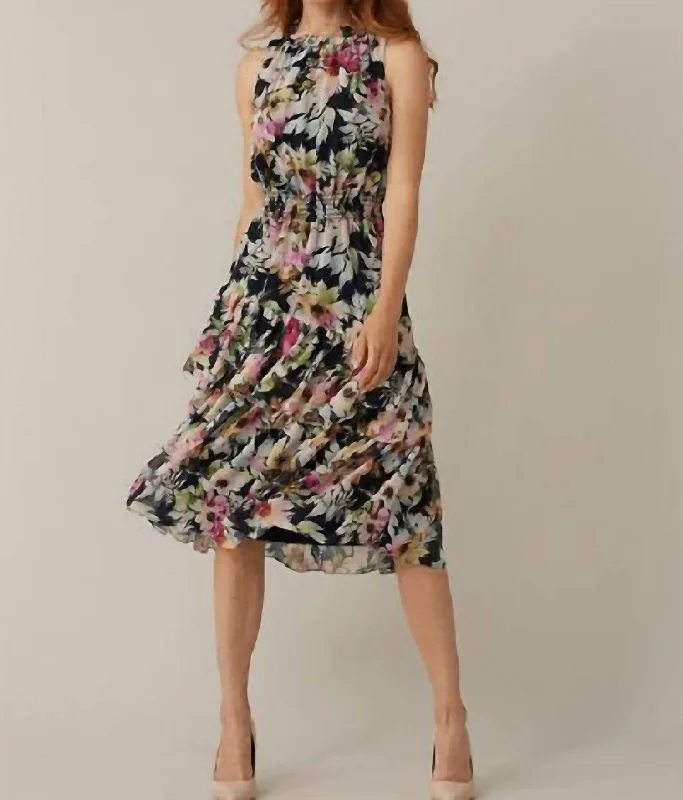 Ladies sleeveless dress cream -Floral Sleeveless Dress In Midnight Blue/multi