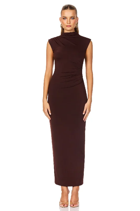 Ladies midi dress champagne -Nookie Olivia High Neck Midi Dress - Cocoa