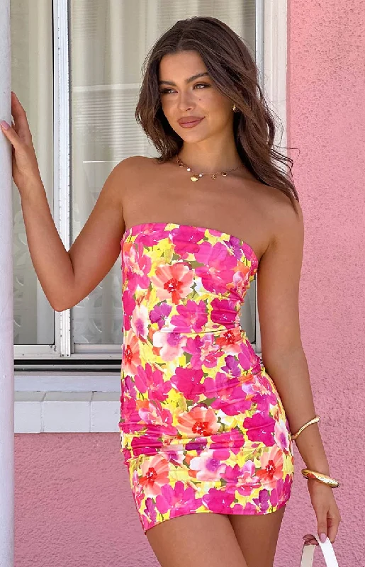 Women's mini dress cocktail -Lee Yellow Floral Pop Strapless Mini Dress