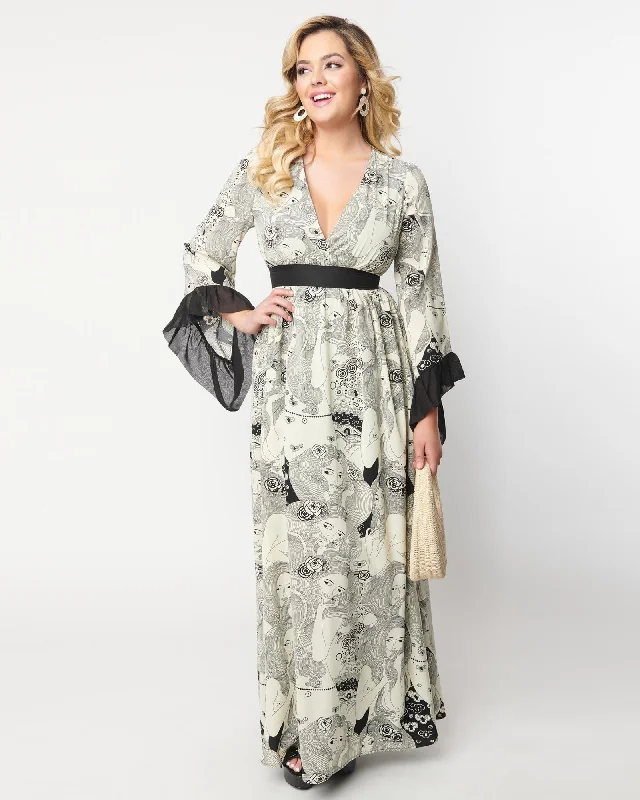 Women's maxi dress matte -Unique Vintage Psychedelic Goddess Print Maxi Dress | Black, White