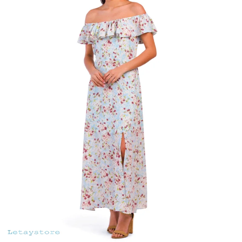 Women's maxi dress punk -BCBGENERATION Ruffle Off The Shoulder Front Slit Floral Maxi Dress