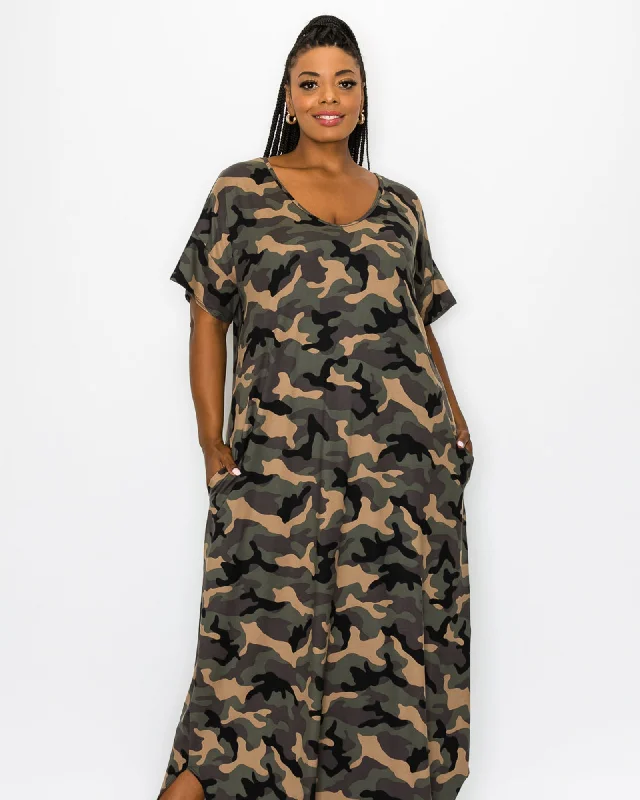 Women's maxi dress brunch -Katt Camo Pocket Maxi Dress | Olive Airforce Moss