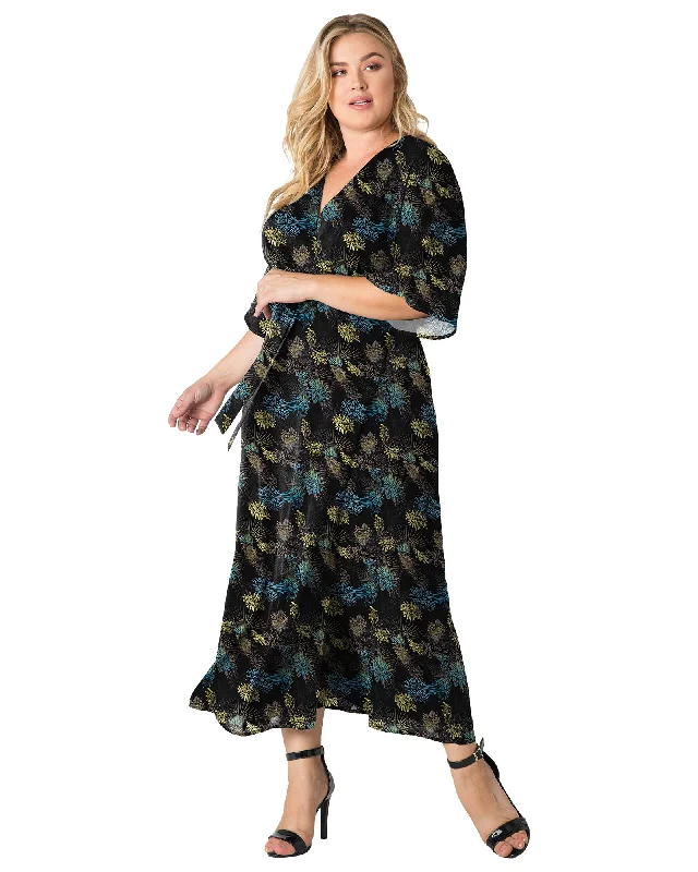 Women's maxi dress flowy -Aubrey Kimono Wrap Maxi Dress | Black Sparkler