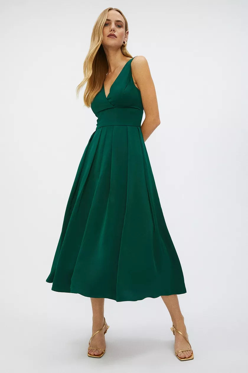 Ladies midi dress silver -Full Skirted Satin Midi Dress Green