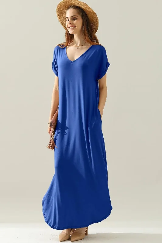 Women's maxi dress 70s style -SHORT SLEEVE V-NECK MAXI DRESS WITH SIDE SLIT