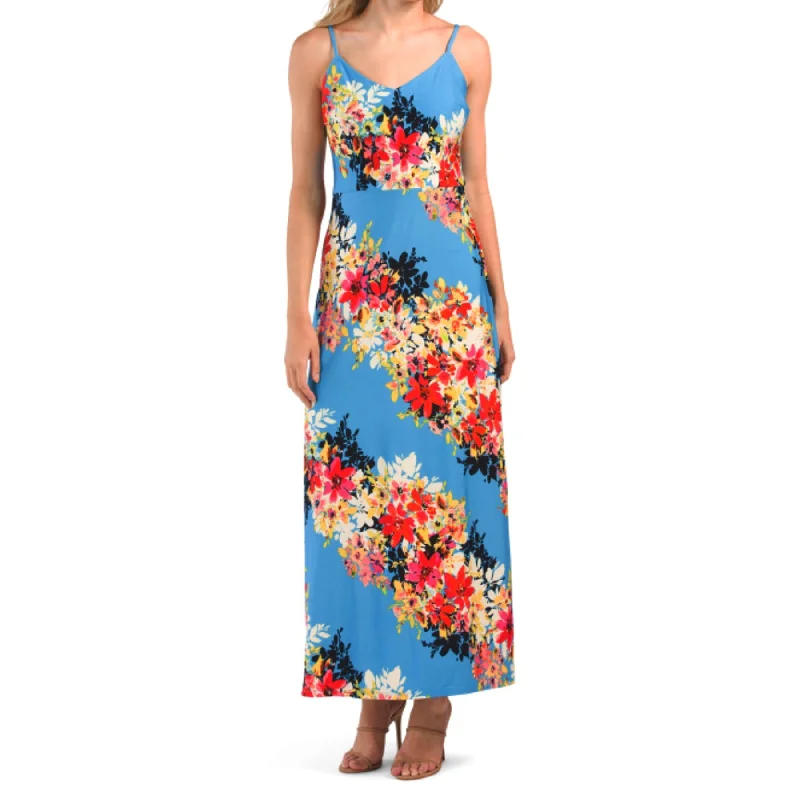 Women's maxi dress hipster -LONDON TIMES Bloom Stripe Floral Print Maxi Dress