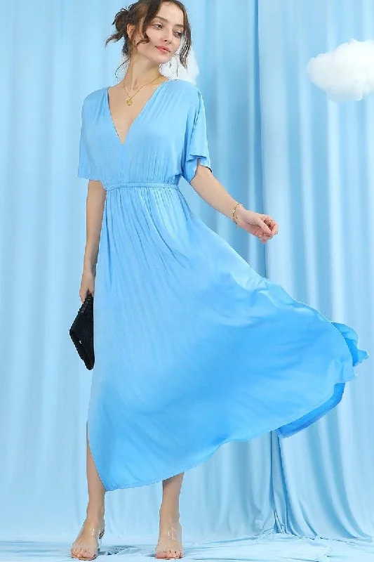 Women's maxi dress spring -V NECK SHORT SLEEVE BACK BOW TIE EMPIRE MAXI DRESS