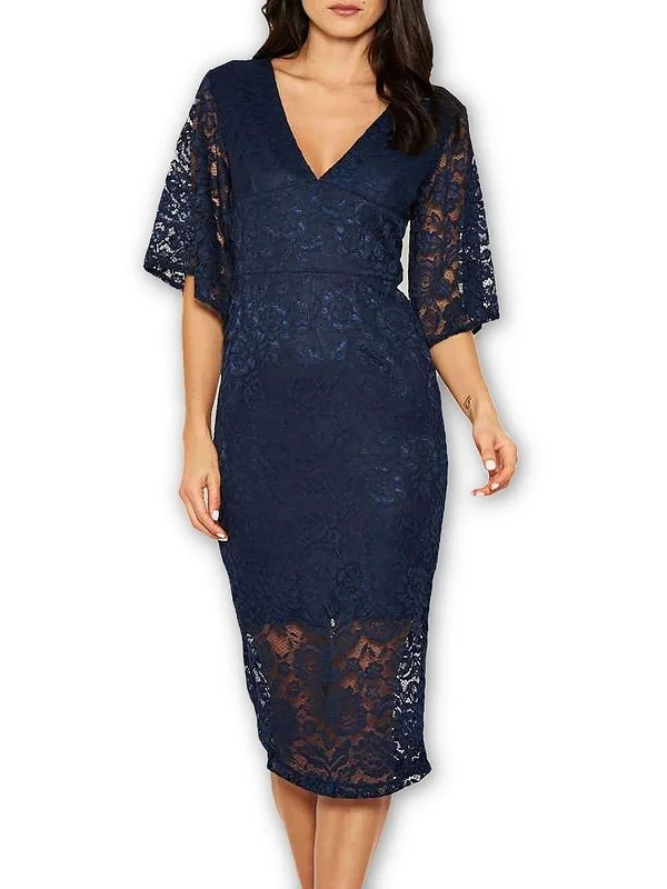 Ladies party dress plunging neckline -Womens Lace V-Neck Cocktail and Party Dress