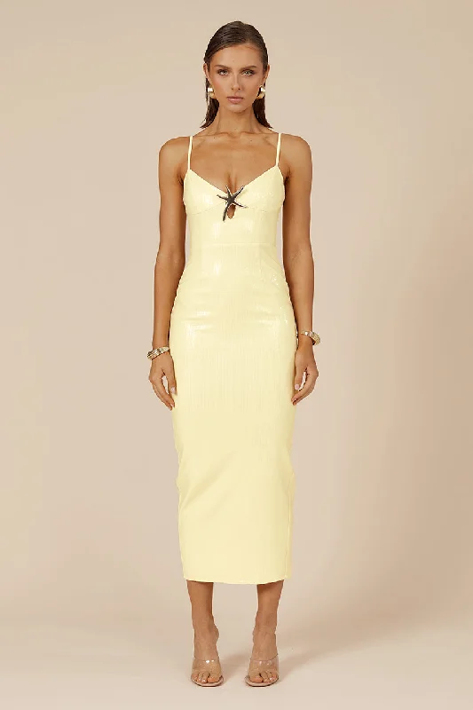 Ladies midi dress embroidered -Benita Midi Dress - Lemon