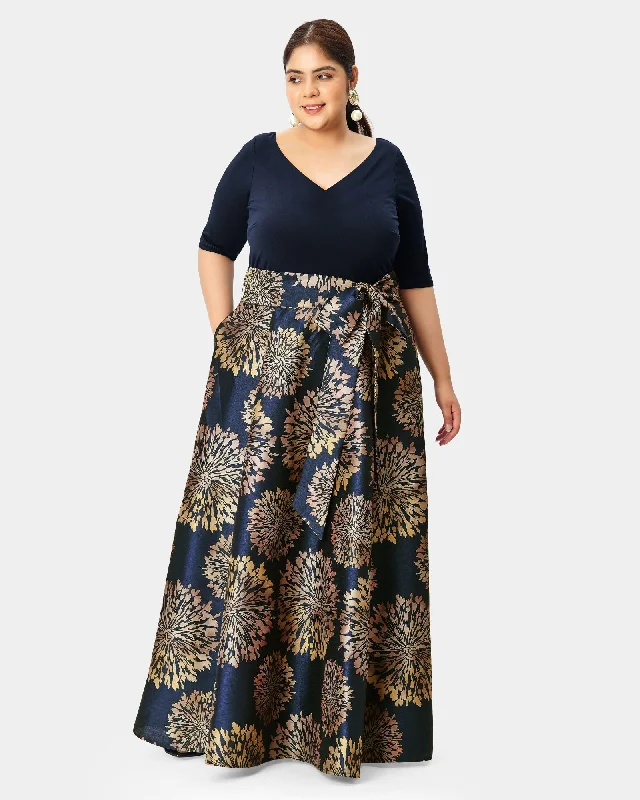 Women's maxi dress galaxy print -Floral print dupioni and jersey knit v-neck maxi dress | Navy