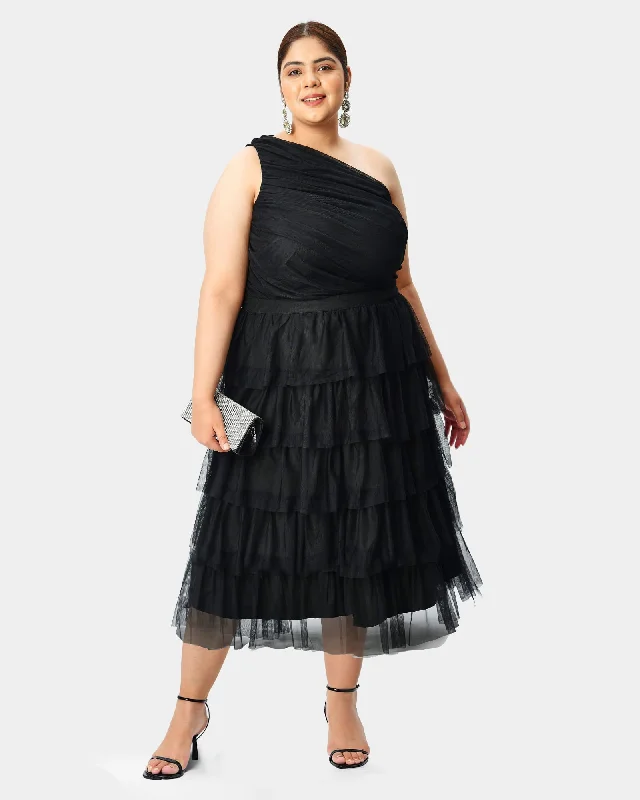 Ladies midi dress vacation -One-shoulder ruffle tier tulle midi dress | Black