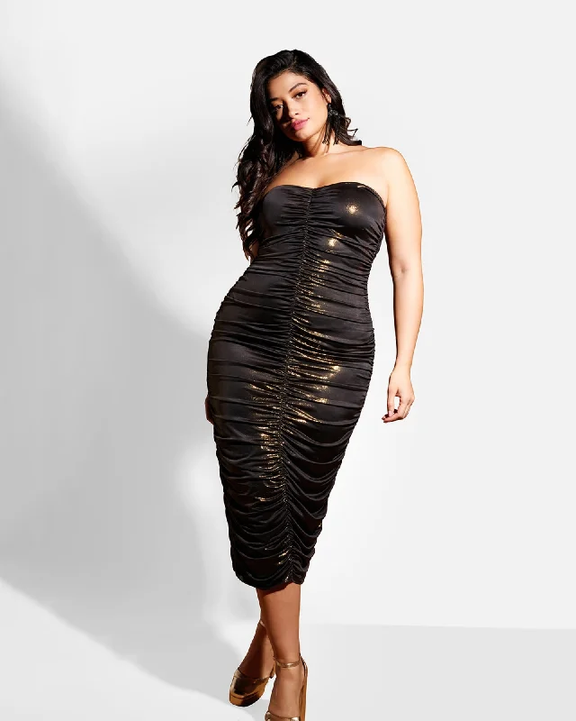 Ladies midi dress cocktail -Taryn Sheer Ruched Midi Bodycon Dress - Gold Glitter | Gold Glitter