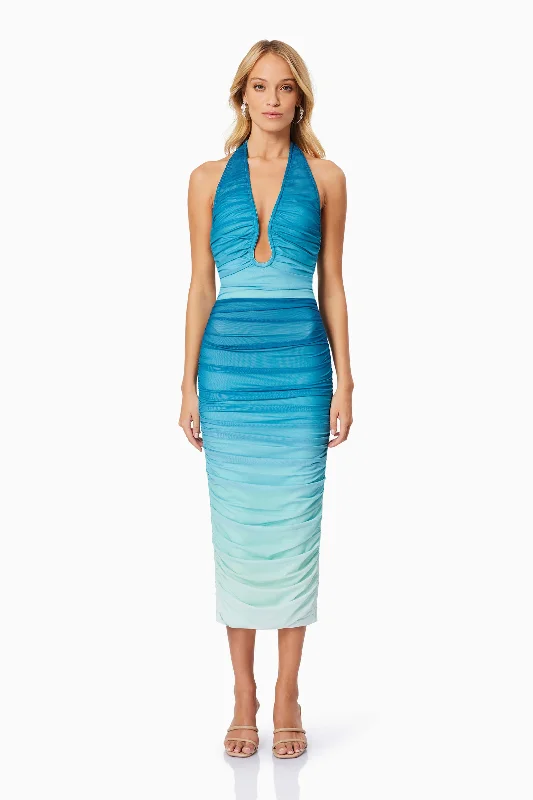 Ladies midi dress holiday -Brielle Halter Midi Dress - Blue