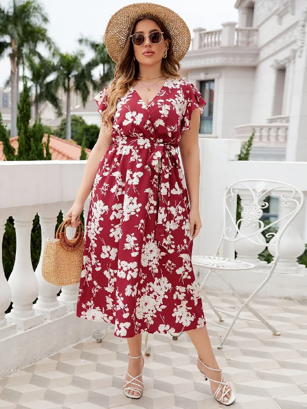 Ladies midi dress cotton -Plus Size Floral Tie Waist Surplice Neck Midi Dress