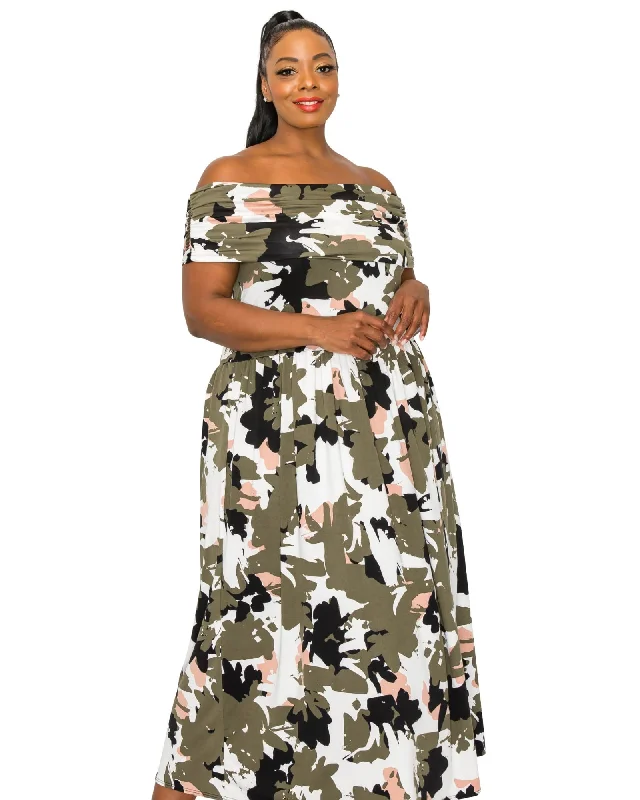 Women's maxi dress checkered -Liza Off Shoulder Maxi Dress | Olive