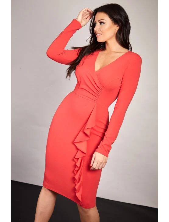 Ladies midi dress simple -Red Long Sleeve Wrap Bodycon Midi Dress