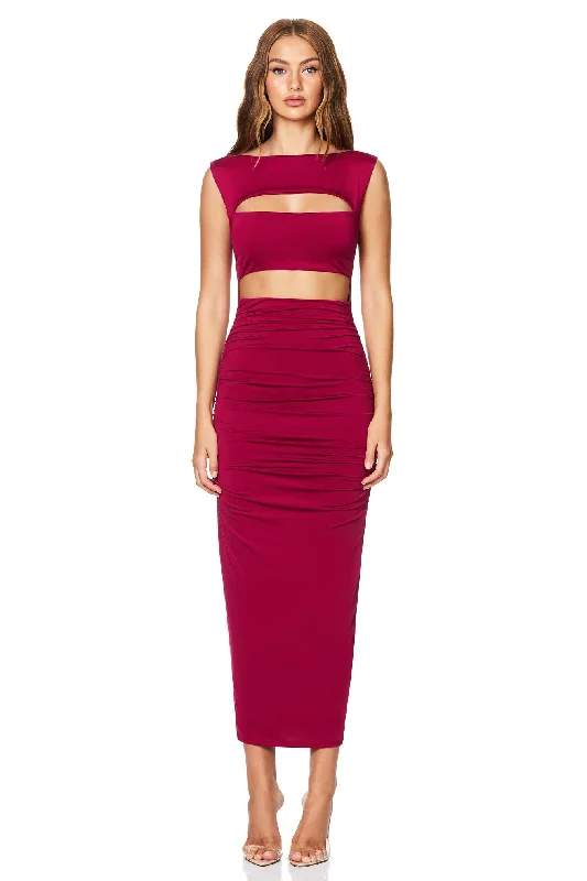 Ladies midi dress textured -Nookie Enigma Cut Out Midi Dress - Ruby