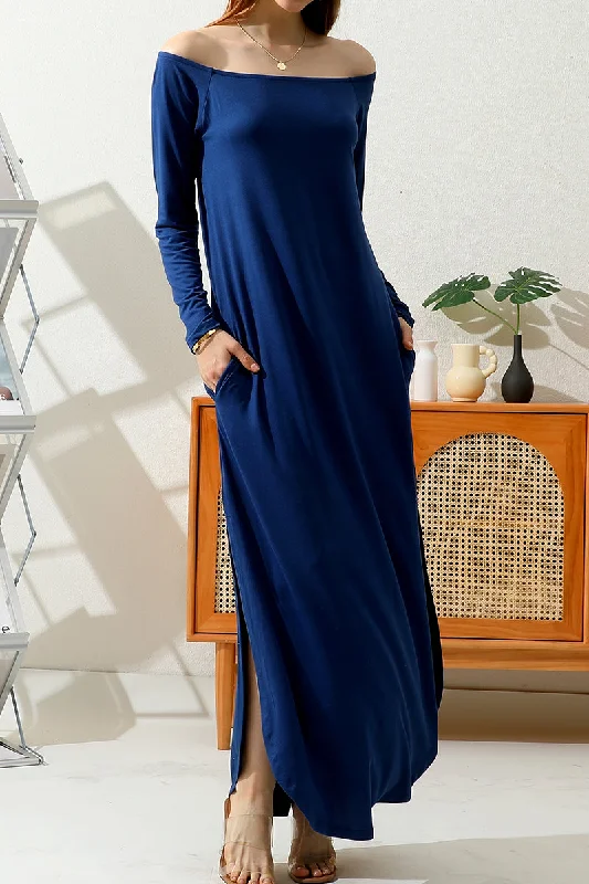 Women's maxi dress leather -OFF SHOULDER ROUND HEM MAXI DRESS WITH POCKETS