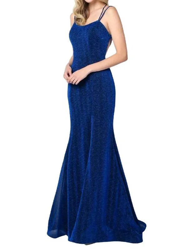 Ladies sleeveless dress cotton -Sleeveless Metallic Glitter Gown In Royal