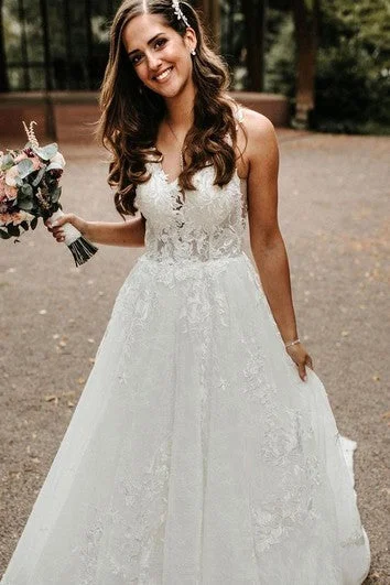 Ladies sleeveless dress cocktail -Modern V-neck Lace A Line Floor-length Court Train Sleeveless Wedding Dress with Appliques