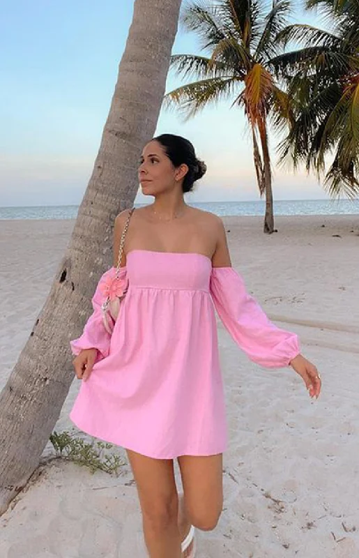 Women's mini dress urban -Koa Pink Off Shoulder Linen Mini Dress